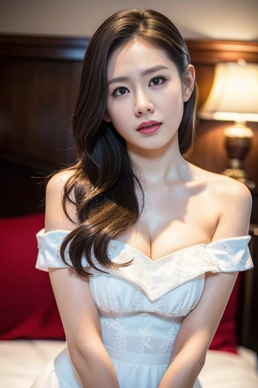 , (Mature body), Solitary,Long gray hair,black hair color, Off-shoulder, black eyes,1 Sister,A sexy pose,best quality,masterpiece,Lighting,Extremely exquisite and beautiful,CG,Unite,8K Wallpaper,Amazing cleavage,detailed,masterpiece,Official Art,Very detailed content Cg Unite 8K Wallpaper,Extremely ridiculous,Huge file size,Ultra Detailed,high resolution,Very detailed content,Beautiful and delicate girl,Practical,full,Inside the church,Light Contrast, Lopez, Full body image, full, White under underwear