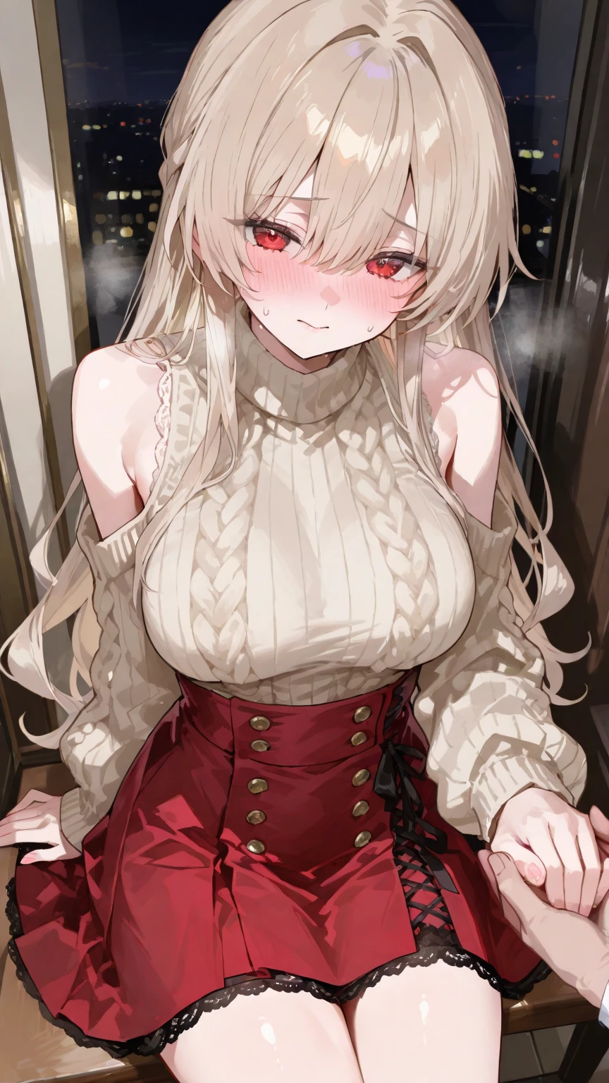1girl, masterpiece, best quality, highly detailed, illustration, warg \(rance\), indoors, sitting, dress, red eyes, orange scarf, embarrassed, topless, bottomless, ((torn clothes)), ((off-shoulder brest)), sweet, little curvy, pantyhose