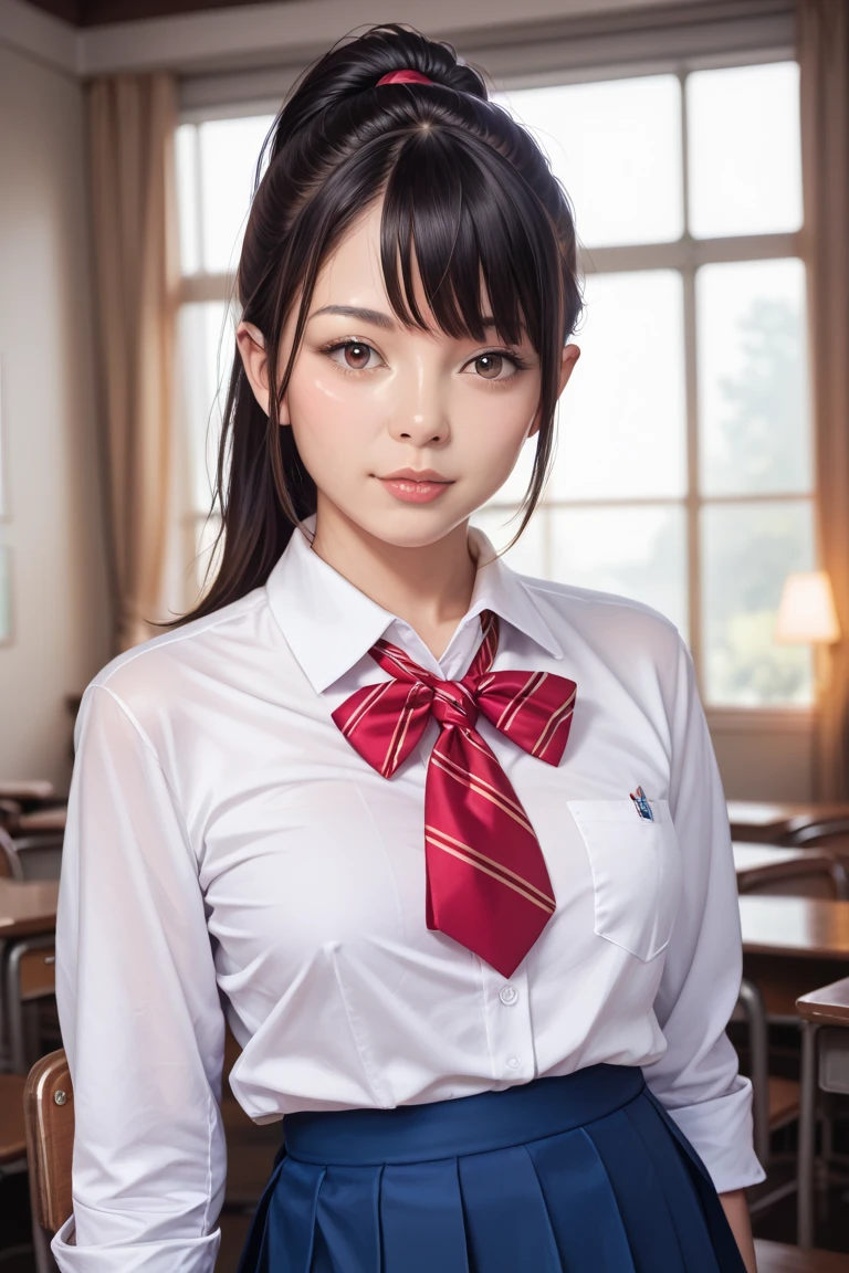 (RAW Photos:1.2), (Realistic:1.4), Beautiful detailed girl, Very detailed eyes and face, Beautiful details, Ridiculous, incredibly Ridiculous, Large file size, Very detailed, High resolution, Very detailed, highest quality, masterpiece, kemomimi, ((Japanese school girl uniform)),Short sleeve、 shape, Very detailed, CG, Unified, 8k wallpaper, wonderful, Fine details, masterpiece, highest quality, Very detailed CG uniform 8k wallpaper, Light on the face, Cinema Lighting, One Girl,Shy smile、(Big Ass)、full body shot、Red tie、Dark blue pleated skirt、evening、Sandy Beach、(Ample breasts)、24-years-old、ponytail、Short sleeve、Shiny black hair、finger to mouth