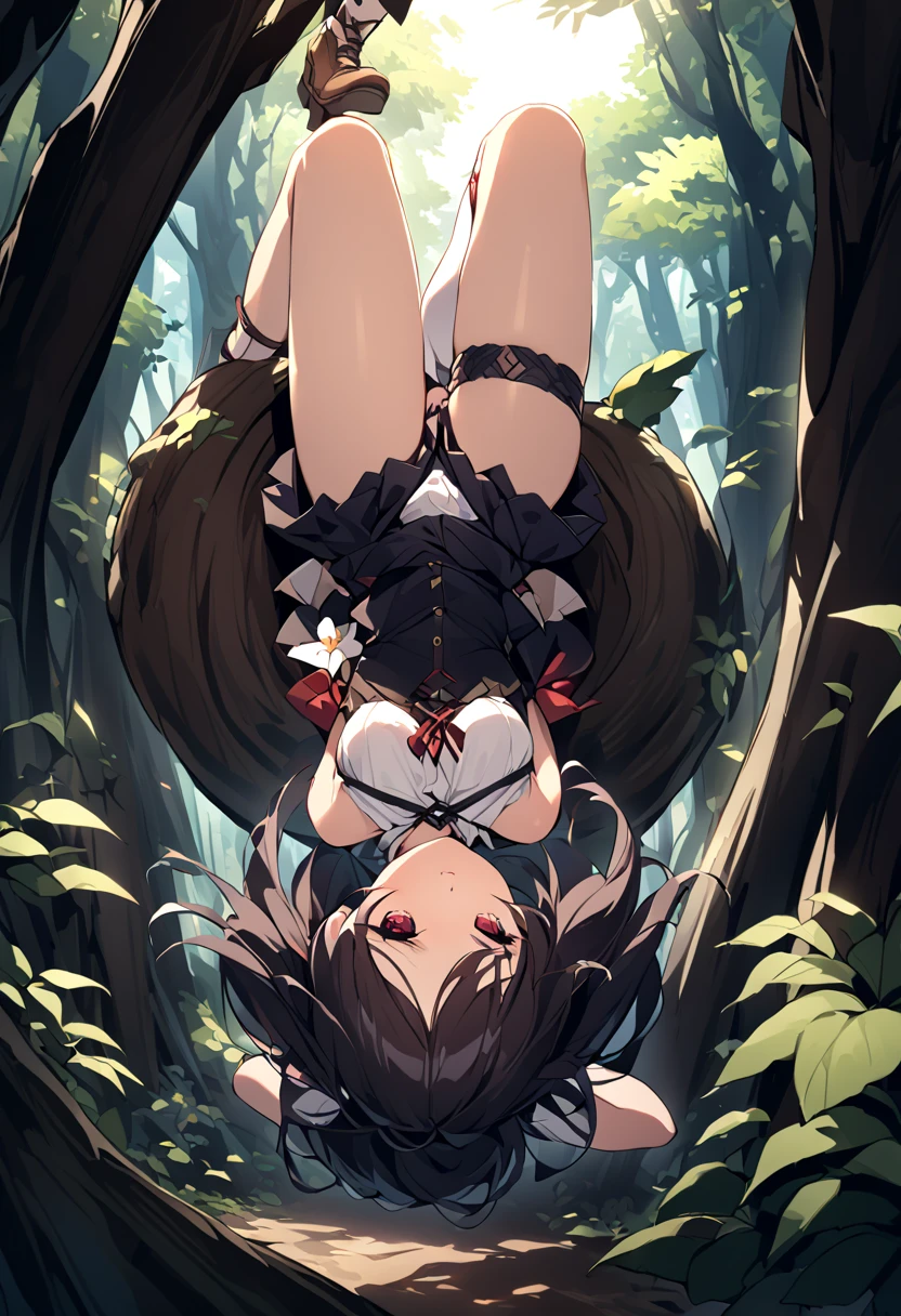 nsfw, forests, bdsm, naked, spread pussy, spread legs, surrounded by men, shiny eyes, (suspended, shibari:1.2),arms restrained, legs restrained, (blush, embarrassed:1.2)