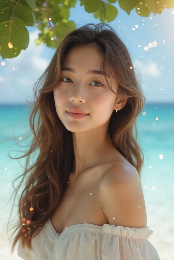 (((Sunset Beach in Hawaii)))、(((Orders from professional photographers、Sensual laughter and provocative poses)))、(((Best waist strap:1.2)))、(((Kneel)))、(Light brown eyes staring into the distance)、(((First Person Portrait)))、Detailed eyes, double eyelid、(((Thin white bikini)))、(((ASA Sensitivity 50 Camera Settings、Spring 85mm、 Opening 1.0)))、(((真っ白な股間に食い込むビキニ姿でKneel)))alone、(Realistic depiction)、(((Leave the facial expressions in the original image as they are)))、Photorealista、masterpiece、In 8K、High resolution、alone、More detailed faces、(Professional Lighting、Bokeh Depth of Field)、(Particles of light、Lens flare、Glowing particles:0.6)、(Dynamic Pose:1.2)、Soft lighting、Low angle view、((Beautiful sunset)) 、((Upward diagonal:1))、(Portrait:0.6)、(Maintains natural facial proportions)、(C Cup Big Chest)、 (Medium Hair)、Floating Hair、A seductive smile、Perfect Anatomy、solo