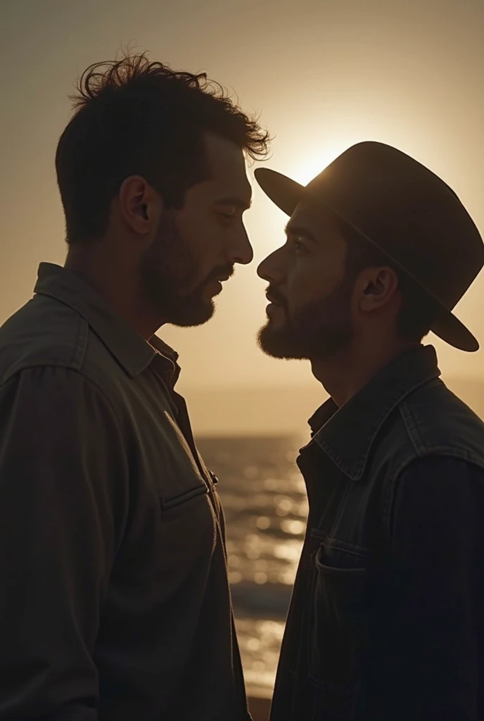 Portrait of a passionate kiss between two lumberjack-style men, wearing plaid shirts, long and well-made lumberjack style beard, large bodies, short hair cut to military style machine, very romantic scene at sunset. Extremely realistic drawing, with strokes of the designer Alex Ross. 50mm lens, dramatic lighting
