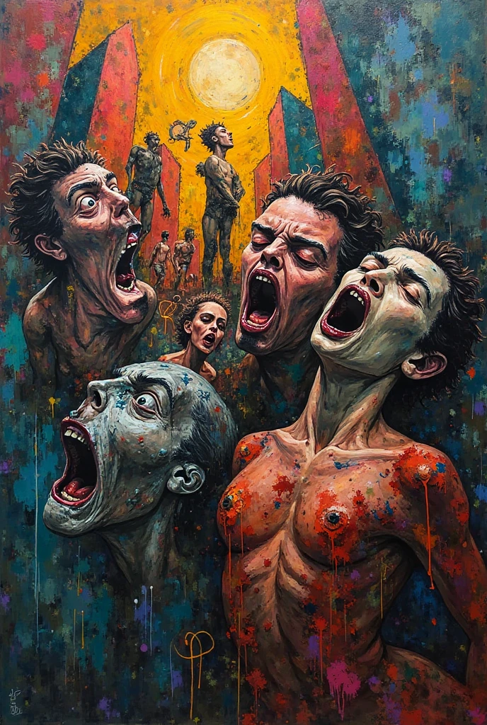 a hyper-surreal insane blurred woman body embedded in another hyper-surreal man body of light color, other multiple men are born from all this amalgam of flesh in a monstrous way, in between them there is a range of colors and fluids mixed show complete entire bodies, dull sick colors, grotesque background, I look, bauhaus painting style, Super-detailed, Ultra-realistic, Studio Quality, 48k / HD, Normal Contrast, hyper Realistic Shadows, octane Rendering, Sharp Focus