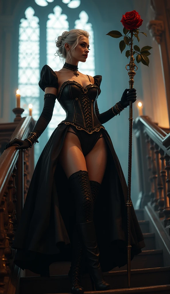 color photograph, ((a realistic photo of a beautiful woman)), glowing light, ((glowy skin)), (fit body:1.0), detailed illustration, masterpiece, (masterpiece, best quality), beautiful woman, elaborate sheer clothing, sultry face, 1lady, solo, elaborate black robe, straight short blonde hair, sultry blue eyes, small tiara, palace ballroom, small breasts, narrow hips, standing, parted lips, boots, waist chain
