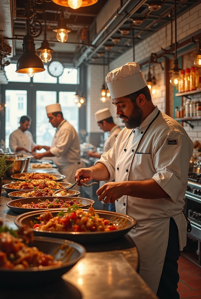 a Bangladeshi restaurant worker serving food to customer in a Saudi luxurious hotel