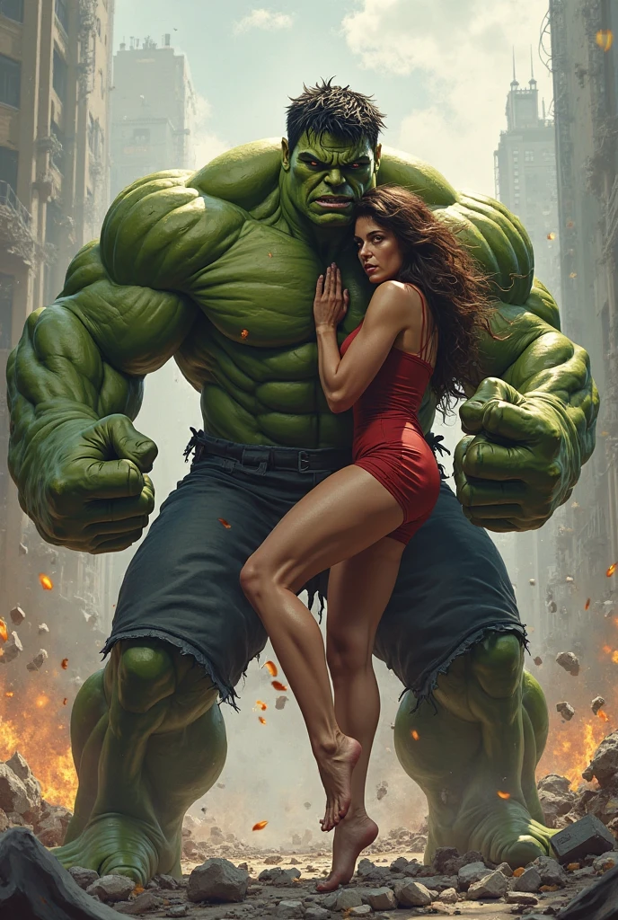 Imagine Female Hulk (Pink Colour Body) with Male Hulk (Green Colour Body) in Side War Zone, Wide Angle View, fuck and Kiss each other.