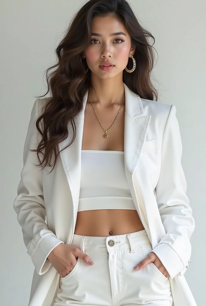 a beautiful latina model, posing waring a white blazer, shirt and white trousers, full body image for fashion company website, nude background, fully body image