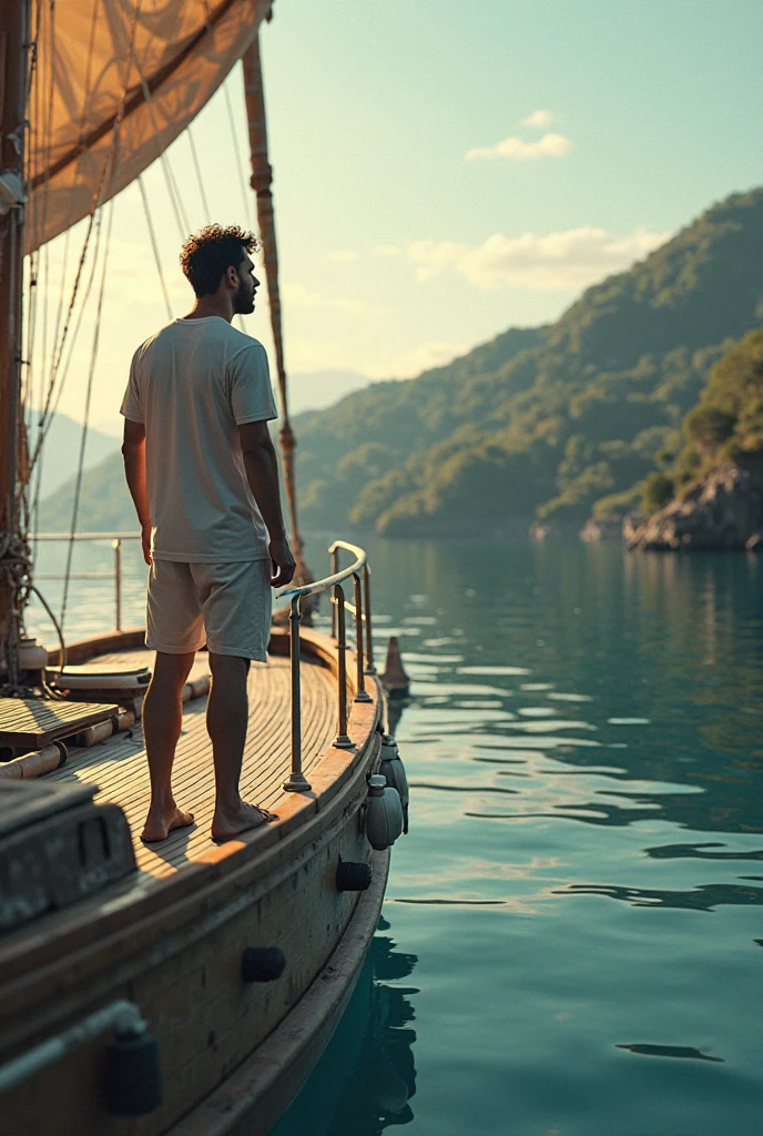 A tranquil Pino Daeni-inspired scene: A contemplative mature male figure sits on a weathered wooden bridge, his feet submerged in the gentle lapping of the water's edge. His bare muscular torso and rolled-up trousers evoke a sense of relaxed confidence. The sailing marina unfolds in the background, with boats moored like tiny islands, as seagulls soar overhead against a brilliant summer sky. Warm sunlight casts dramatic shadows, creating a captivating chiaroscuro effect.