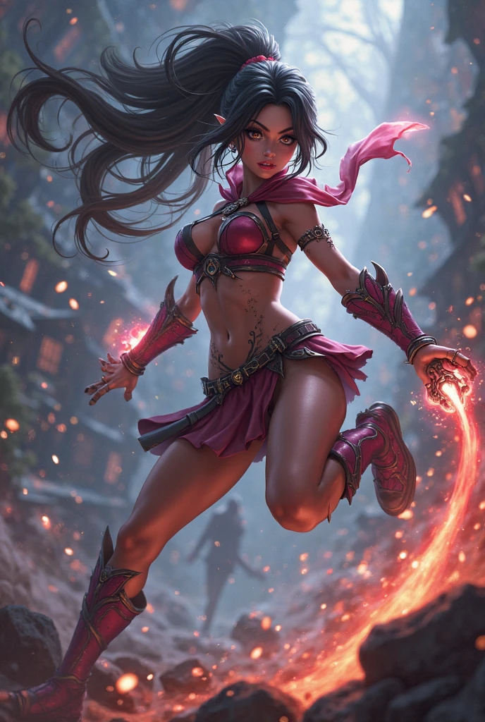 arafed 水硕in a bikini holding a wire bat on a rock, muscular warrior women, unreal engine render + a goddess, fighter pose, badass pose, muscular sweat lara croft, fight pose, hot fire giantess, heroic muay thai stance pose, cinematic goddess body shot, akali from league of legends, dramatic powerful pose, fantasy style 8 k octane render（（（perhaps））） sky，Degenerator 