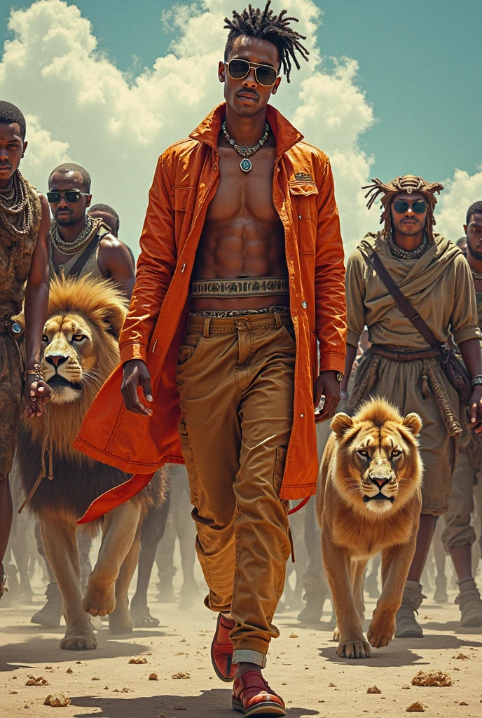 A handsome slim shirtless white skin man in the desert with a falcon and two leopards beside him wearing gold pants