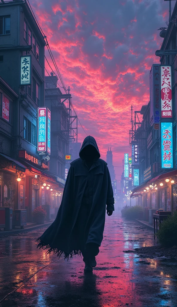 Solitary, 1 boy, permanent, Male focus, It rains in the city, hood, From the back, cloak, Skull wearing white Japanese mask, robe, , Glowing blue