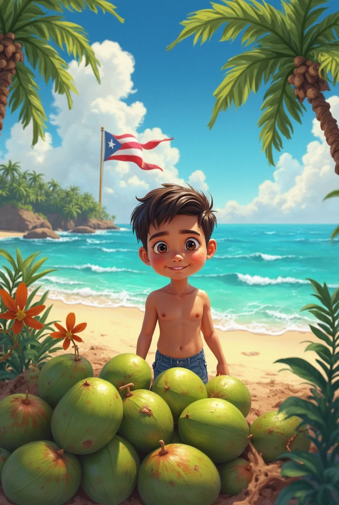 Photorealism 1.2 /a boy at the top of coconut tree waving the Malaysian flag realistic