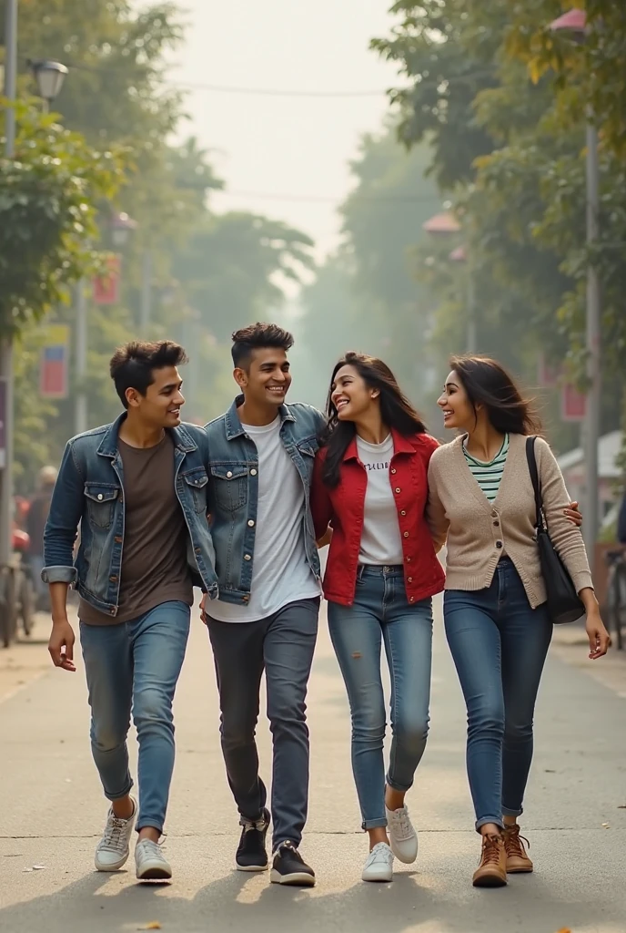 the title of the film is written aesthetically "matsu" with the correct spelling on the front, togetherness, very high quality photo, a happy scene, a man wearing glasses from Indonesia, 3 men from Indonesia, 3 women wearing hijabs and 1 woman with long hair wearing a hoodie, walking around chatting in the corner of the village, full body, realistic, cool and complicated visual effects, looks real and perfect, UHD 64K, very sweet