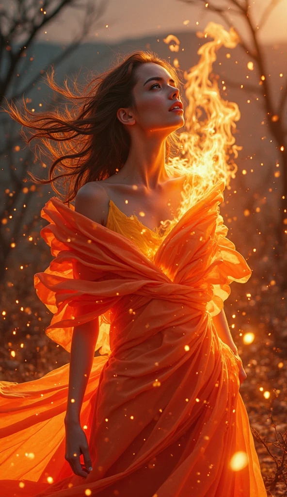 ((Highest quality)), ((masterpiece)), (detailed), Japanese women, Cloth your body with flames, Fantasy, Pale, delicately, Dressing the Flame, Wearing Flames,Hair is fire、My hair is on fire、Personification of the spirit of fire, 浮遊間を出しFantasyに, Clothes are also made with fire, Make your body semi-transparent, Overall, it is transparent and mysterious.