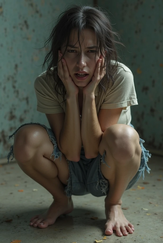 Public bathroom, 45 years old, skinny, squatting, wet (front view), (full body view), (beautiful hands), (masterpiece), (((best quality))), (perfect Feet:1.1), (beautiful legs), (perfect face), wet shirt, slippers