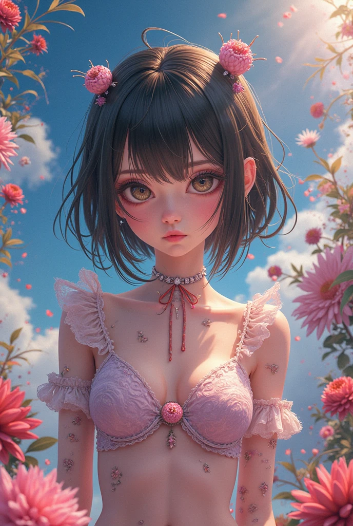 4k, June scenery, Beautiful girl, shoulder-length straight bob hair,black hair, small breasts, watery eyes, white shirt, hot pants, neon red heart necklace, looking at viewer, night, colorful hydrangea,Heartbeat