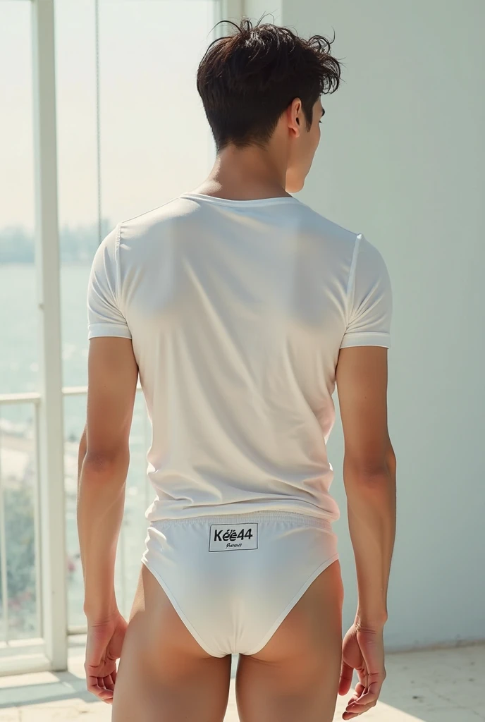 (best quality,4k,8k,highres,masterpiece:1.2),ultra-detailed,(realistic,photorealistic,photo-realistic:1.37),1 male model,albino skin color,red hair,his hair is straight and somewhat long, his face is hairless without beard,the model adopts a strong pose, frontal photograph, the model smiles sensually, Slim muscular build, model is 17 years old, thick and strong biceps, the model wears tiny underwear, the model is a teenager, his body is thin but defined, full torso photo, abdomen slightly defined, the model's legs are strong and defined,The background of the photograph is the beach,professional lighting,perfectly illuminated face,professional photography,magazine photography.