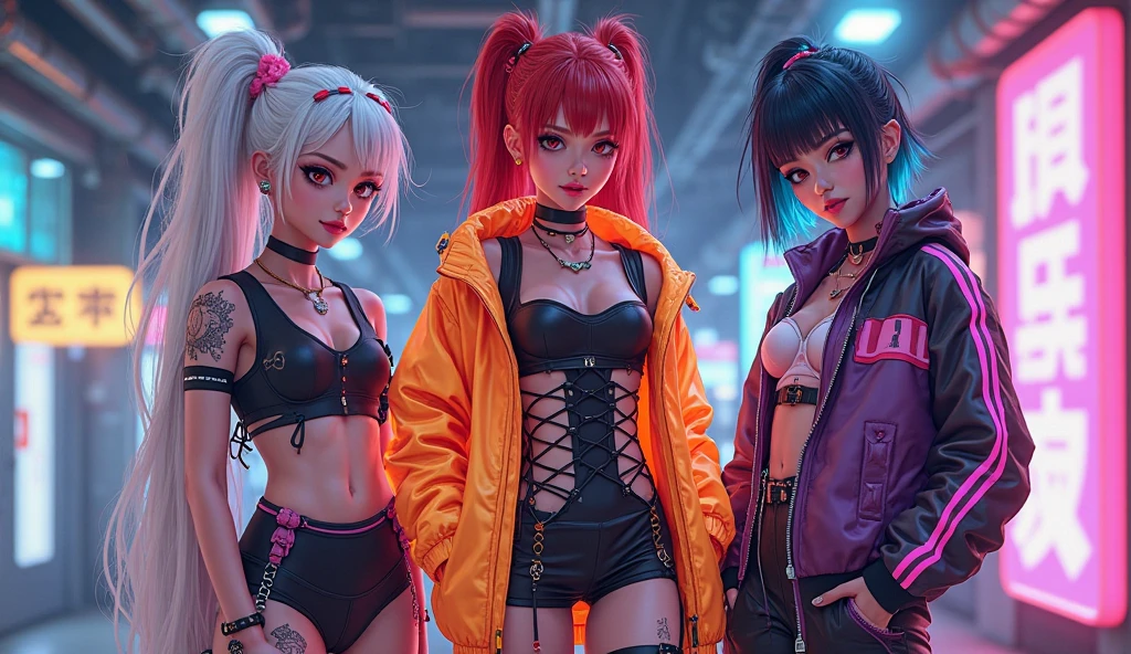 three girls 、headphones、stage、masterpiece, best quality, 2 ((smiling)) cyberpunk girls standing together, Harajuku-inspired cyberpunk body harness, bold colors and patterns, eye-catching accessories, trendy and innovative hairstyle, dazzling Cyberpunk cityscape, skyscrapers, glowing neon signs, LED lights, anime illustration, detailed skin texture, detailed cloth texture, beautiful detailed face, intricate details, ultra detailed, cinematic lighting, strong,three girls 、headphones、stage、