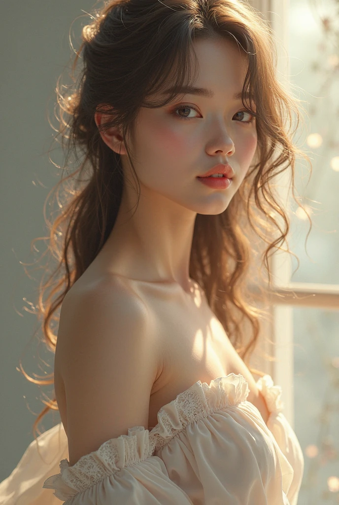 Warm colours, beautiful girl, wearing off the shoulder white mid length dress , long wavy brownish hair,