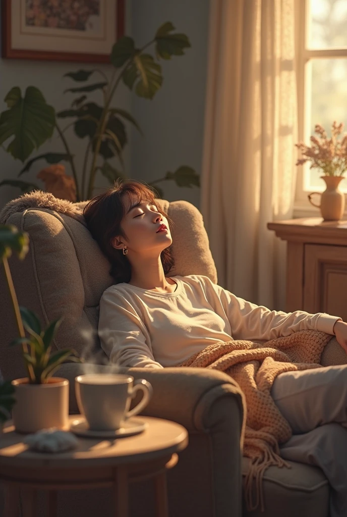 (a person is sleeping peacefully on a yellow sofa, the TV is producing a glow illuminating the mess of the room) a haunted shadow lurks the person