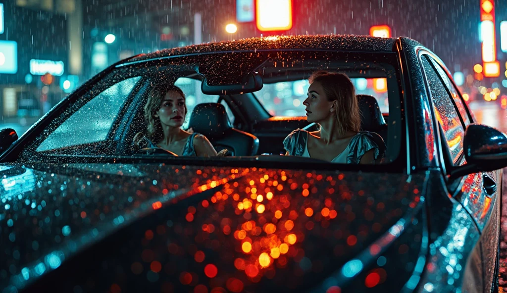 Sexy girls while driving car rain falls on road