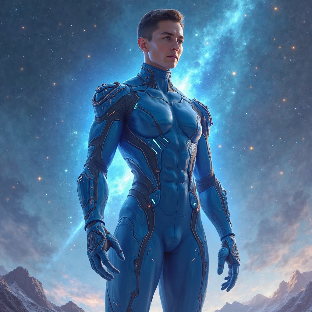 (masterpiece, high resolution, detailed:1.3), a mesmerizing depiction of a (strikingly handsome young man:1.2) donning (wearing transparent see-through futuristic clothes, bulge:1.2), standing against the backdrop of the vast and mysterious cosmos, breathtaking grandeur, LED internal lighting, cyberpunk style, fibre optic hair, glowing blue iris, muscular, best quality, masterpiece, His (toned physique:1.2) is bathed in the soft glow of distant stars, creating an otherworldly aura. As he gazes out into the depths of space, his (intense blue eyes:1.2) reflect the wonder and curiosity of his cosmic journey. The intricate details of his attire and the (subtle gleam:1.2) on his skin are meticulously captured, lending an air of realism to the scene. The celestial expanse behind him is a tapestry of (nebulous formations:1.2), (dazzling galaxies:1.2), and (shooting stars:1.2), a breathtaking testament to the beauty of the universe. This artwork melds the allure of a beautiful man with the awe-inspiring vastness of space, evoking a sense of both intimacy and grandeur. intricate details, dynamic pose, dynamic angle, (surreal), (illustration), ((oil painting \(medium\):1.2)), sharp focus, soft lighting, vibrant colors, cinematic photography, dynamic angle, volumetric lighting, film grain, hard shadows