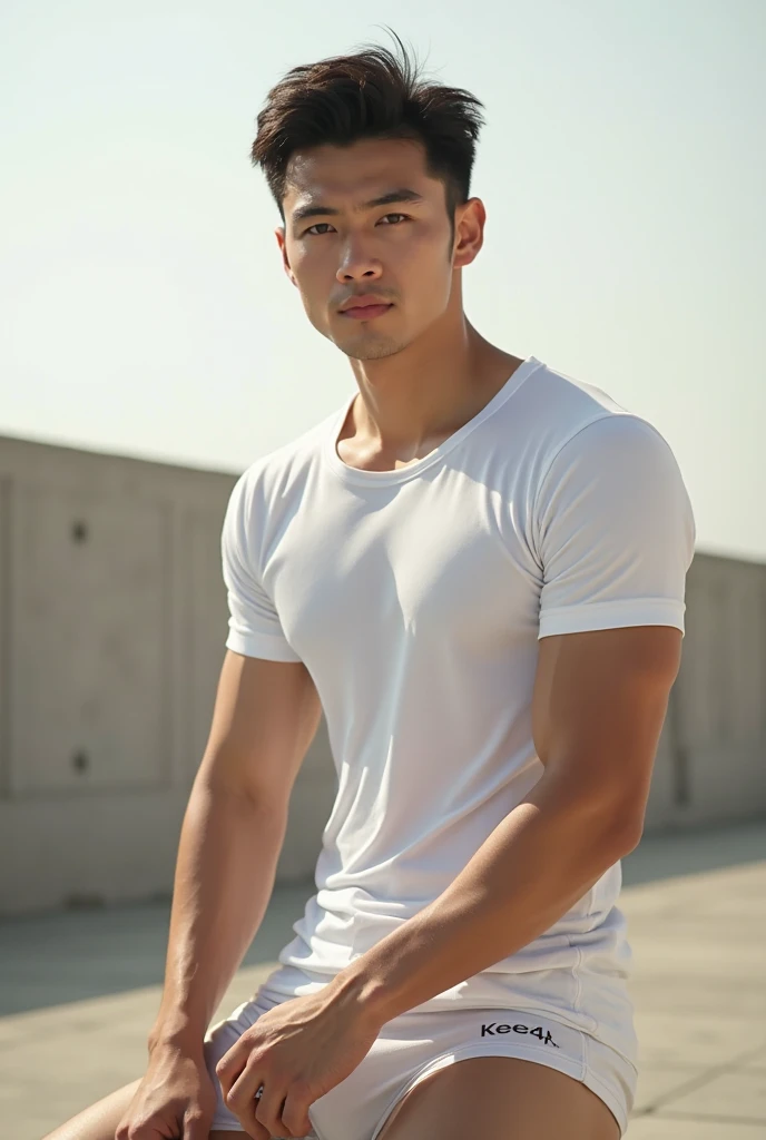 A handsome, muscular young Asian man looks at the camera. In a simple blue t-shirt , Fieldside, grass, beach, sunlight