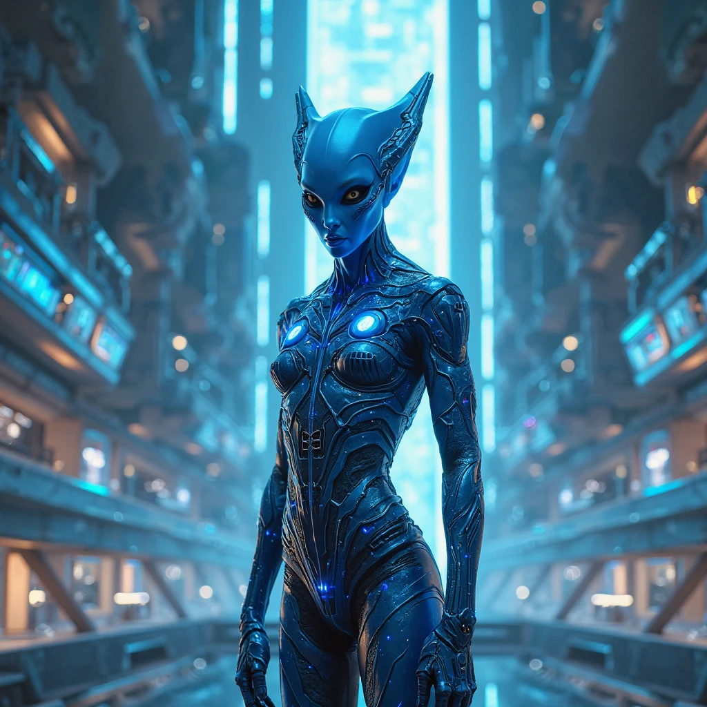 Human-looking alien standing full body, from above watching a city, cinematic lighting, (by (Daniel Mernagh) (Carne Griffiths) Monika Nowak), highly detailed, detailed, soft-bodied, alien face