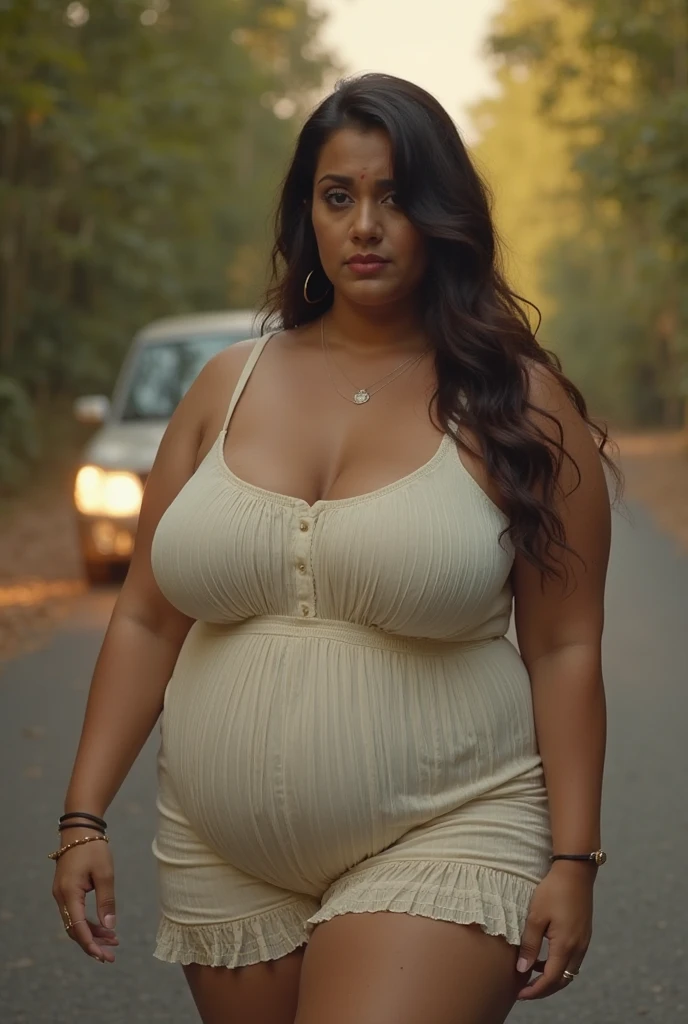 Indonesian aunty, curvaceous, age 45, ponytail hair, purple panties with straps, blue floral bra, standing bending over pose, next to an old car, dirty street corner, night, big breasts, shocked face, nudity.
