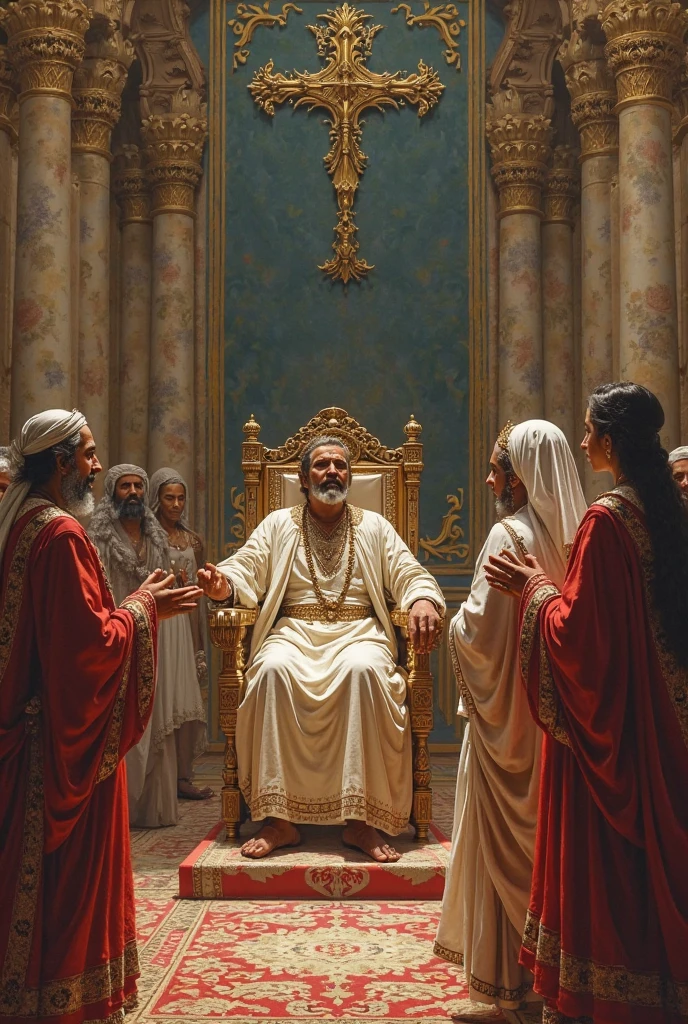 Create a hyper-realistic and mysterious image of Solomon in a grand setting, surrounded by counselors and scribes dressed in typical biblical costumes, like long tunics and linen cloaks in subtle tones. Solomon sits on a golden throne, with scrolls and treasures around him, symbolizing his immense wisdom and wealth. The scene should show an imposing palace, with marble columns and detailed tapestries, all illuminated by a soft golden light that creates an enigmatic and solemn atmosphere. Solomon&#39;s expression must reflect deep discernment, as he shares his insights into true prosperity with those around him.