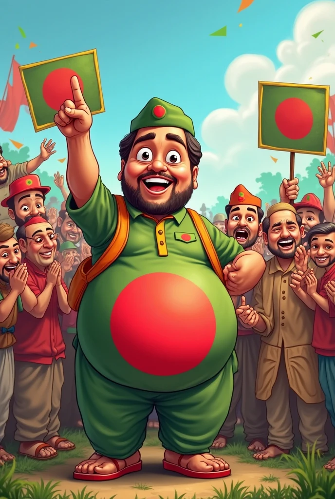 A fat without bearded gentleman sits on a boat in a lungi, glasses on his eyes. 
There are some soldiers in the boat.