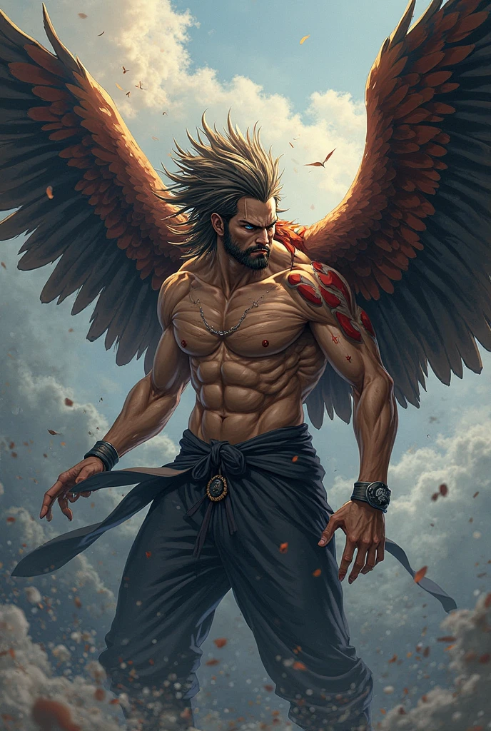 A topless handsome man with angel like wings on his back is standing with determination even after defeat and struggle, left handed wing is broken and damaged, Sexy natural wavy hair, TB Choi Art style, hicham habchi Art style, Jason chan Art style, Artstation, CG, Game art Style, Cinematic, Hyper realistic, Dramatic Light mood, Warm light, stubble beard, (absurdres), highres, ultra detailed), tall muscular guy, best ratio four finger and one thumb, best light and shadow, background is void space, detailed sunlight, dappled sunlight, day, depth of field, summer, (dutch angle)