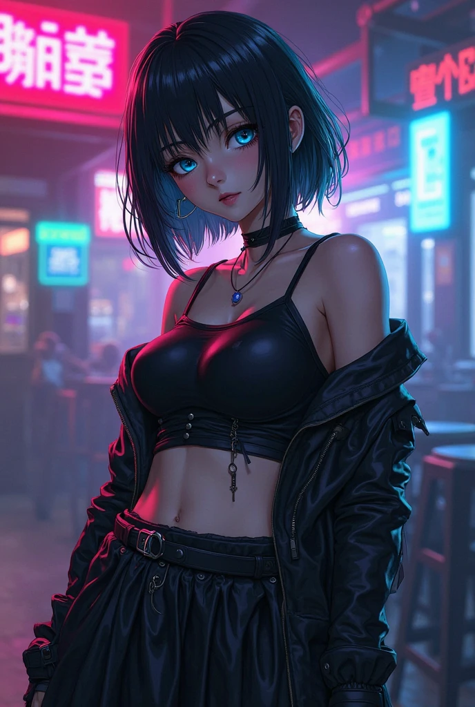 Maximum image quality, outstanding details, anime style, ultra high resolution, (Realism: 1.4), the best illustration, favor details, 1 very condensed girl, with a delicate and beautiful face, confident expression, purple and green hair with bob cut, wearing military jacket, black top, Short shorts, fishnet stockings, high heel boots, round yellow lenses, sharp teeth, big breasts, defined waist and wide thighs, in a bar at night, neon lights lighting.
