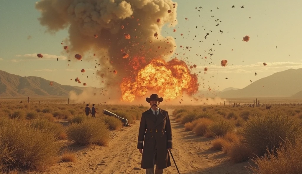 Create Oppenheimer in front and behind him create an atomic bomb explosion. I want you to make him in a regular suit that he always wore., and on his head a hat matching his clothes.
I also want you to make him look like he's walking like in those secret agent movies where they walk slowly and coolly while he holds a cigarette ready to put it in his mouth., and make him head a little low to hide some of his face.
And in the scene I want you to not be able to see anything other than the huge bomb that explodes violently behind him., but I want it to be extremely realistic