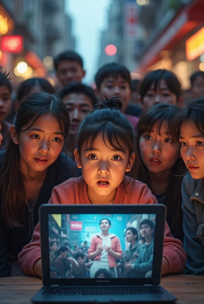a group of north korean youth secretly watching a korean drama on a small monitor, tense expressions on their faces, realistic interior setting, cinematic lighting, highly detailed, photorealistic, 4k, best quality, masterpiece