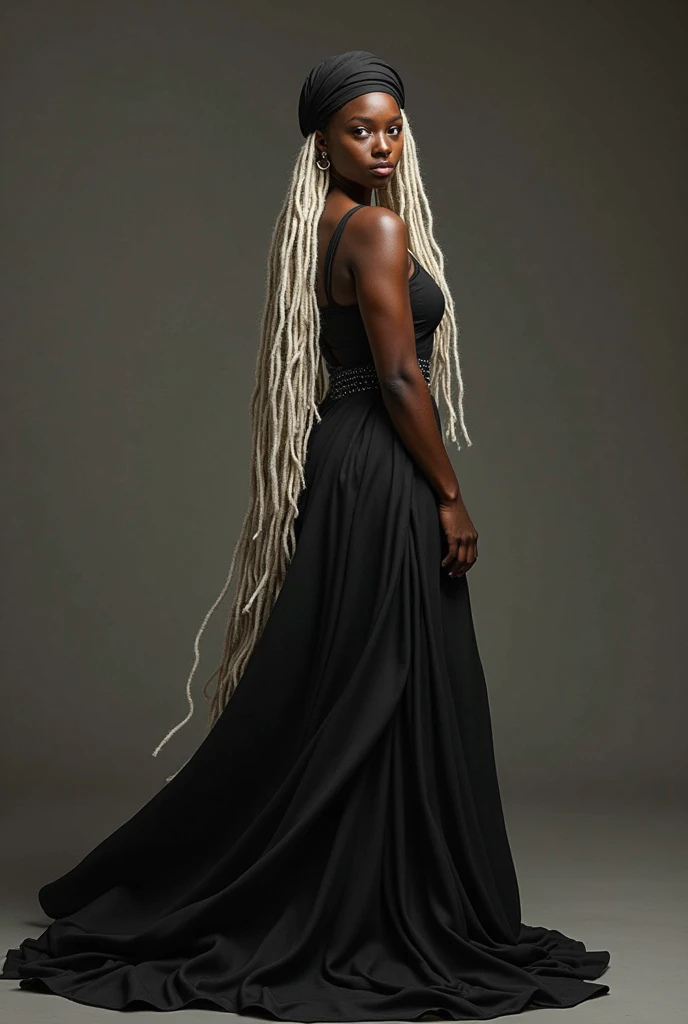 Iansã, black woman with blonde braids, black background like a studio, red fabric covering the breasts