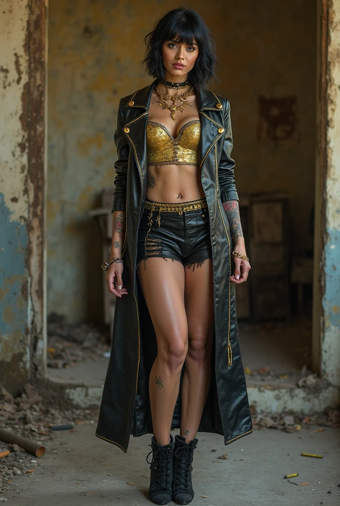 An Asian Native American mixed-race 40 year old model with very clearly depicted eyes (pupils), model has a tall body size with a female curvy muscular figure and medium cup size, modern gothic hairstyle, model wears an etched copper-colored leather corsage embroidered with many patterns and a bolero made of chains a wide waist belt with lots of metal buckles, a pair of tribal fusion belly dance pants made of mixed lace and leather and high heel boots with lots of metal buckles, all in a modern gothic style, model in full body pose dancing towards the camera in the rain at moonrise