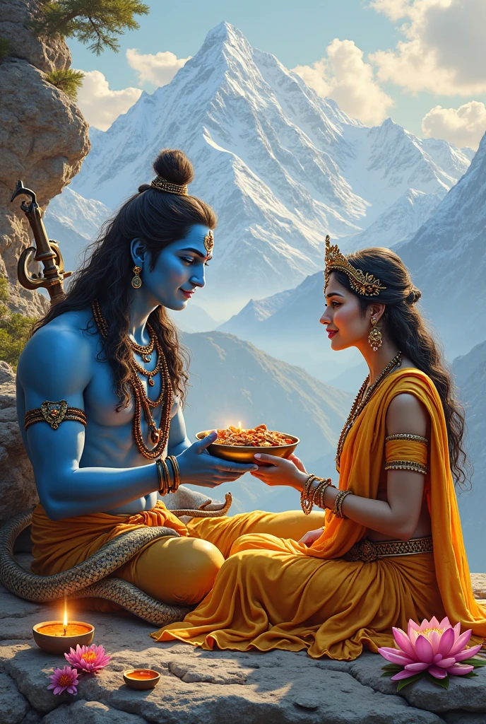 Create image of lord Shiva drinking halahal and Parvati comforting him by touch his neck during samudra manthan