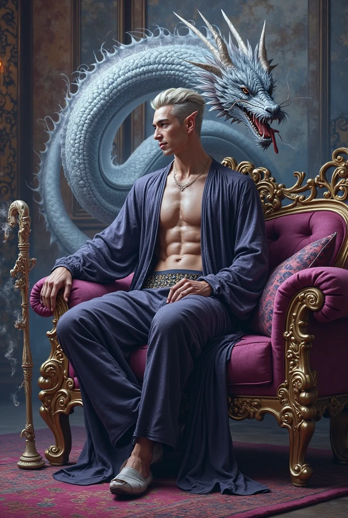 (evil albino lathy androgynous male, Peacock King, thin neck, frail shoulders, weak arms, flat chest, soft belly, curvy hips, thick avian thighs, male crotch, massive buttocks, depraved homosexual, rapist, kidnapper, cradle robber, queer, weak stomach, weak bladder, his presumable prey kills him)