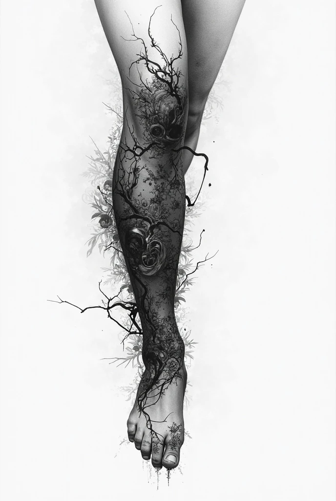 Close-up of a naked woman's abdomen (with many thorns and climbing vines on the abdomen). Artistic photography, black and white photography, grainy photo. (they tangle around her body.)