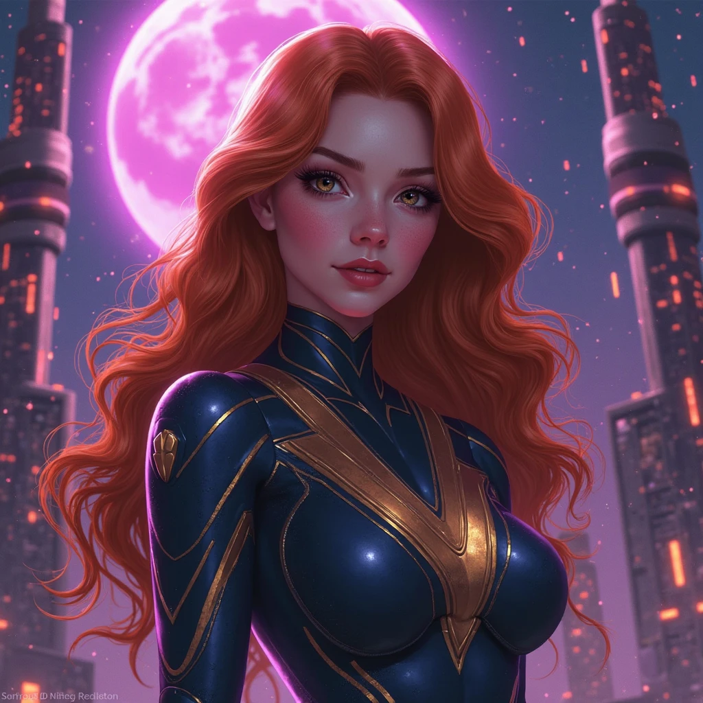 PWHN, makeup, ponytail, red hair,  blue eyes,  smile, upper teeth, 
solo, standing, upper body,
yellow striped bodysuit, skin tight, 
 high mountain, dusk, stars,  purple sky,
 (insanely detailed, beautiful detailed face, masterpiece, best quality) 
 <lora:princessWHN-10V3:0.7>