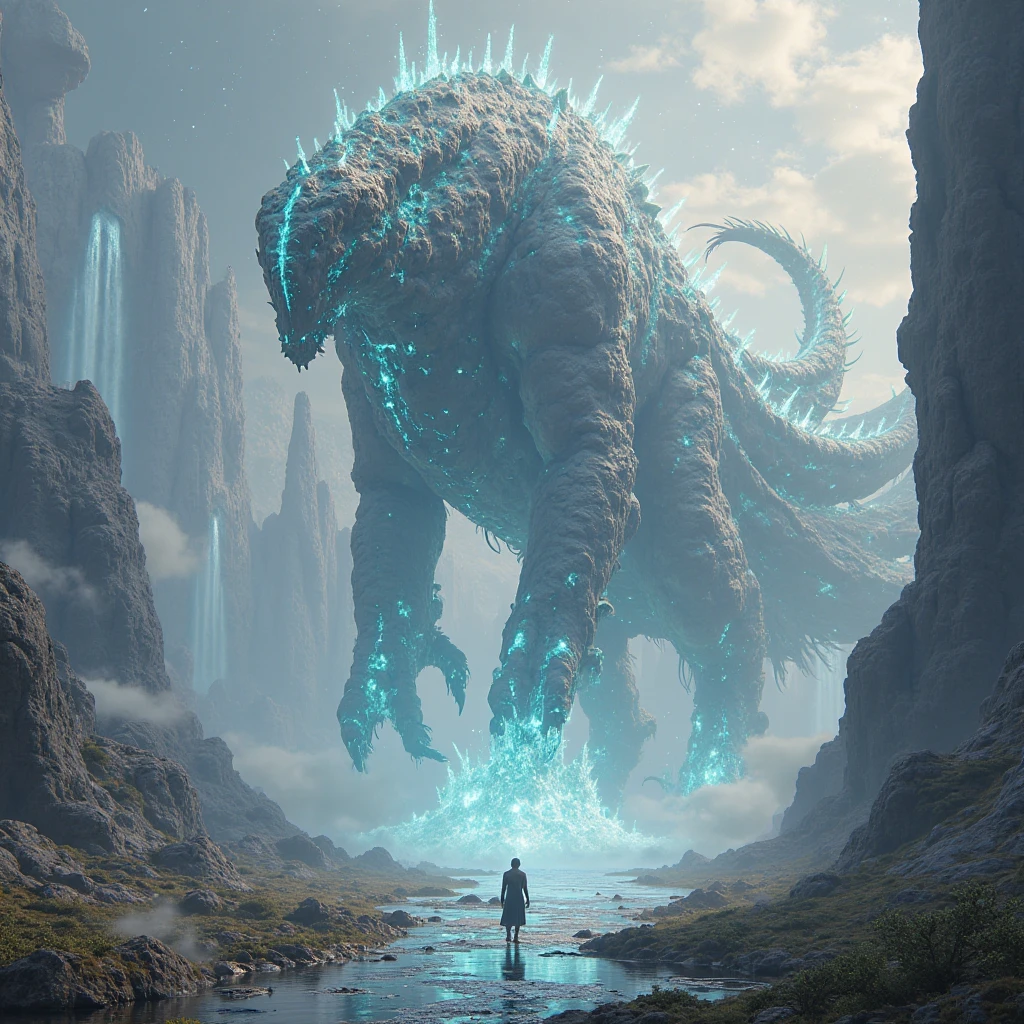 Image of a extraterrestrial life, a colossal behemoth, gigantic shape, it's has six legs, two long tail, white fur cover the whole body, sharp thorn on the back, one crystal horn on the head, sharp teeth, sharp claw, four big blue eyes,some plate of black scale cover some part of it's body, walking in an alien green grassland, Detailed,Realistic,4k highly detailed digital art,octane render, bioluminescence ,8K resolution concept art, realism,by Mappa studios,masterpiece,best quality,official art,illustration,ligne claire,(cool_color),perfect composition,absurdres, fantasy,focused