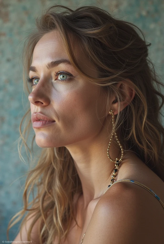 (Masterpiece, 8k, ultra high res, hyper detailed), ((half body)) portrait photo((view from below)) of a beautiful 35 years european woman, endless long (extra long (((curly )))) blonde hair), slim waist, flawless oval face, rule of thirds, realistic perfect eyes and pupils, ((green eyes)),realistic sexy full lips, delicate perfect upturned nose, highly detailed shiny curly hair,((detailed facial features)), (highly detailed skin), paled skin, realistic skin texture, extreme skin details, (skin pores:1.2),wearing elegant outfit with golden jewels, insane details, intricate details, amazing fine detail, photorealism, hyperrealism, lifelike textures, neutral colors, contrast lighting, dramatic lighting, backlight on hair, sharp focus, depth of field, film grain, dslr, raw photo, photographed with Nikon on Kodak400