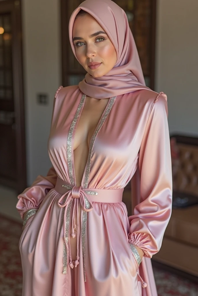 (Close Up),RAW, Best quality, high resolution, masterpiece: 1.3), beautiful Malay woman in hijab,Masterpiece, perfect fit body, ((Huge breast)), big gorgeous eyes, Soft smile,beautiful face,thick thighs, woman wearing a plaid dress and a scarf standing in front of a purple wall, long dress with apron, tartan garment, 1 9 2 0 cloth style, frock, dress and cloth, illustrious clothes, clothes in the style of 2023, dressed thobe, ( ready - made ), in style 19 century,Delicate turtleneck, Excellent lighting, Bright colors, Clean lines