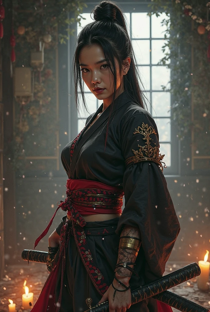 whole body, A goddess in kimono , Very large breasts, Shiny black hair, Law sword, Feather, Wide Hips, barefoot,, shrine, night, ponytail, sexy, Eye focus, Temple interior, Decorations, skyline, night, particle, chromatic aberration, detailed, Cinematic, Dark Scene, Fantasy