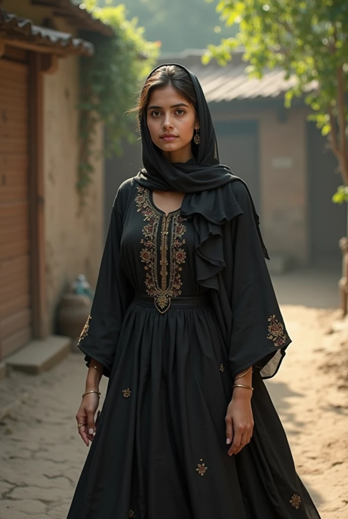 Make a Bangladeshi 20 year old girl, round shape face, long black hair, The complexion is fair and thin body, with red luxurious Muslim dress in a Empty fields in the morning