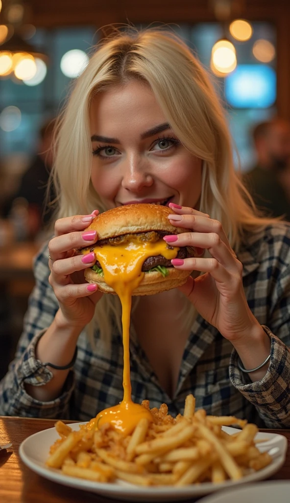 Create a realistic image of a 20 year old woman, long blonde hair, blue eyes, cheekbones, ((full body)), eats a hamburger at Mcdonnald's, background image: Mcdonnald's, from head to feet, full body, hyper realistic photo