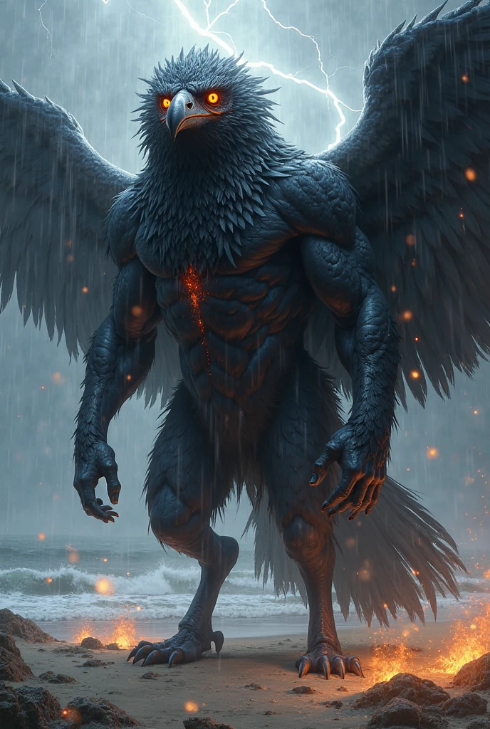 Eagle man walking in the heavy rain 