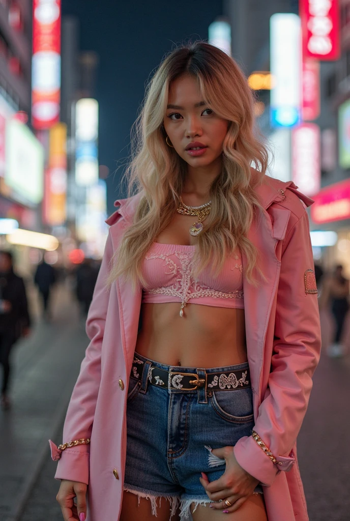 beautiful thai hooker ,loose top, (blonde hair ),straight hair , bangkok, , tuk tuk, dark clouds, wet ground,((dark yellow top)) , ,low contrast,tanktop, ,denim mini skirt,very skinny, slim girl, ponytails, hair tied back,,wide open, breasts out, , tattoos,full arm tattoo,walking , alley, open bars, street food, medium breasts, jewellery, detailed face, exclusive clothing,,,high heels