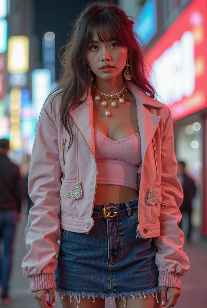 “Create an HD Ultra Realistic image of Young Attractive Asian Woman Sophie Tan posing for a Y2K fashion shoot. Sophie is dressed in a glittery blue off-shoulder top and low-rise denim jeans with rhinestone embellishments, accessorized with neon green platform sandals and a silver chain belt. She stands in a vibrant outdoor festival scene with colorful tents and neon lights. Capture this scene using a professional camera with a 35mm lens, emphasizing Sophie’s relaxed pose and the sparkling textures of her outfit (1.3). The festival background should be blurred to focus on Sophie, with post-production enhancing the neon glow, adding a vignette effect, and using a warm color filter to achieve a lively, Y2K aesthetic (1.4).”